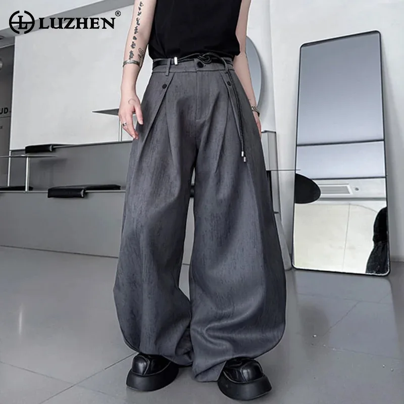 

LUZHEN Buttoned Decorate Patchwork Fold Design Loose Wide Leg Casual Pants Men's 2025 Solid Color Handsome Male Trousers JY3683
