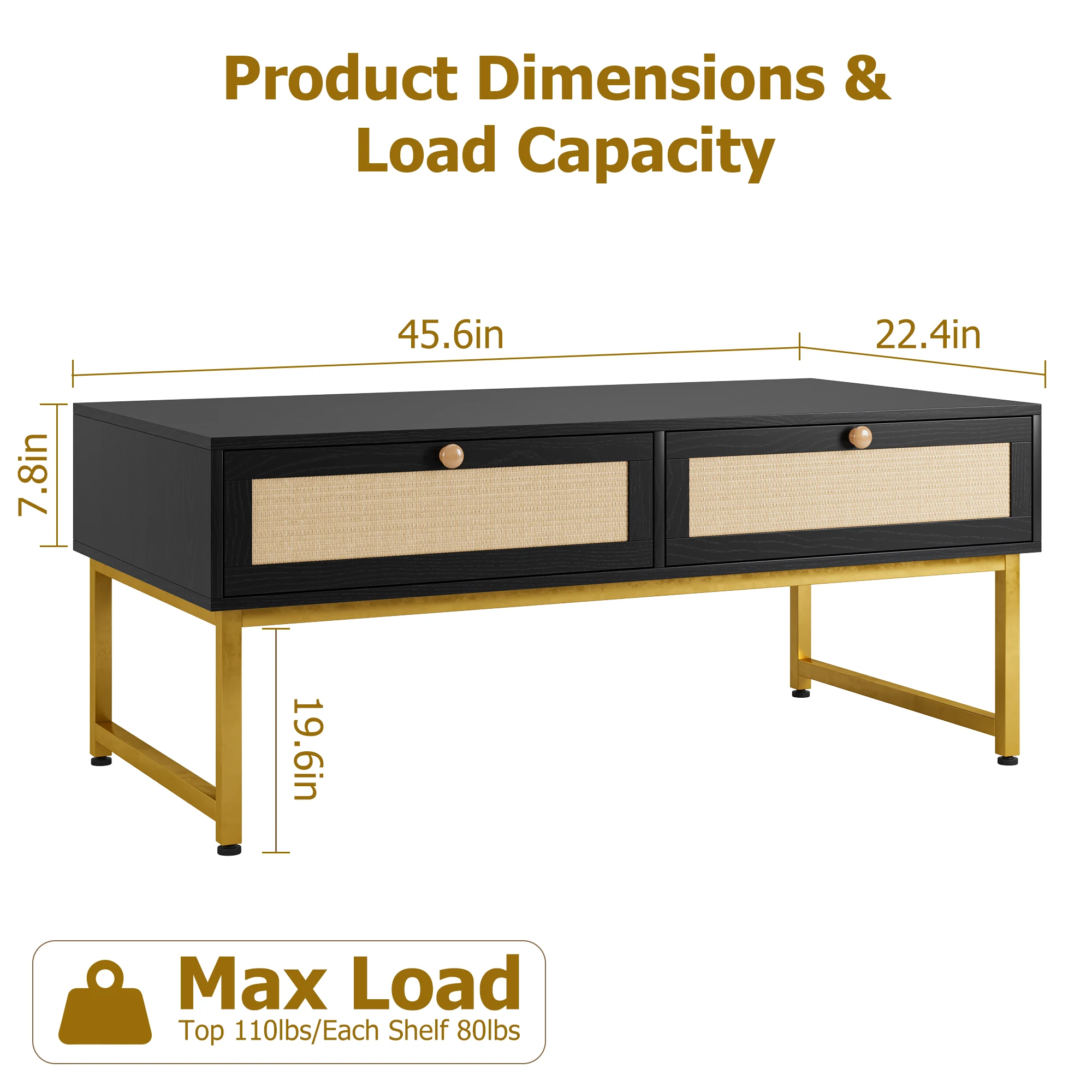 Mesa de centro con 2 cajones Mesa central retro con frente tejido de veta de madera de roble y metal negro para entrada de la sala de estar del hogar