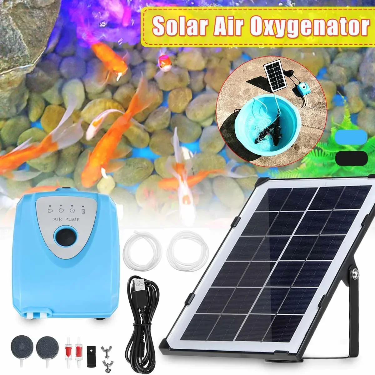 Solar Powered Fish Air Pump Aerator Pond Aquarium Air Pump for Fish Tank Pond Fish Farming Water Pump USB Charging Pond Aerator