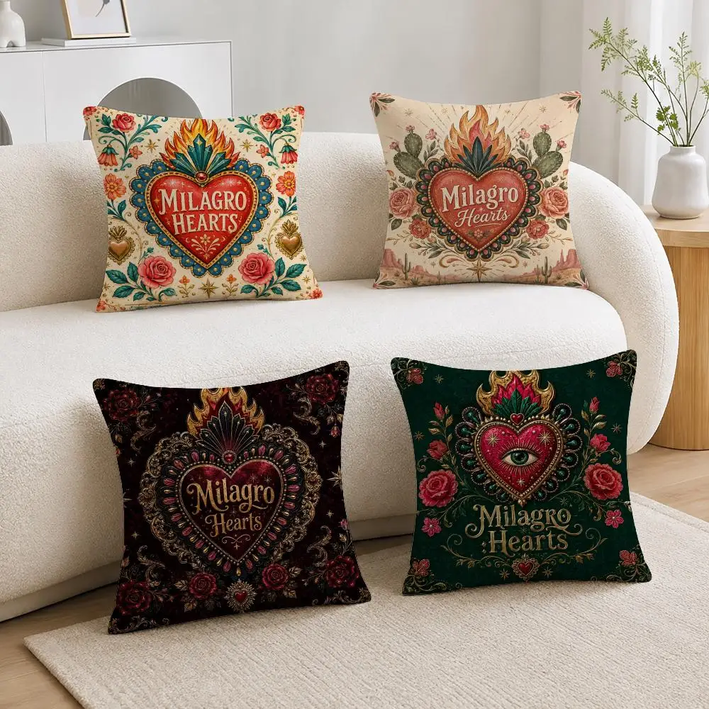Mexican Folk Milagro hearts Cushion Cover Soft Fluffy Short Plush  Pillow Case  Sofa Bed Home Decor