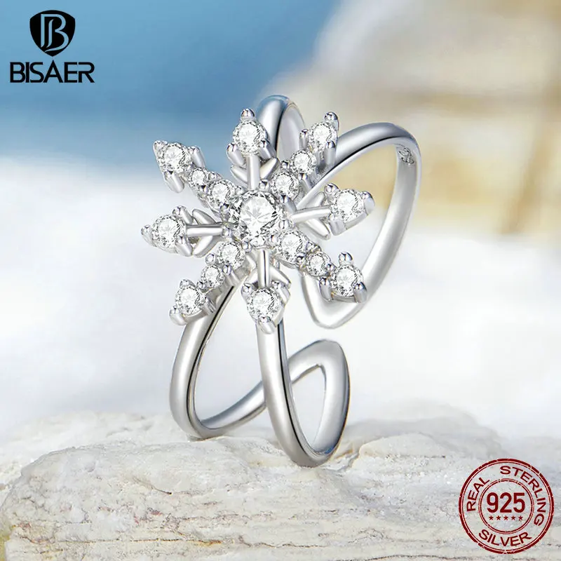 BISAER 925 Sterling Silver Snowflake Open Ring Sparkling Zircon Eternity Band Plated Platinum for Romantic Women Fine Jewelry