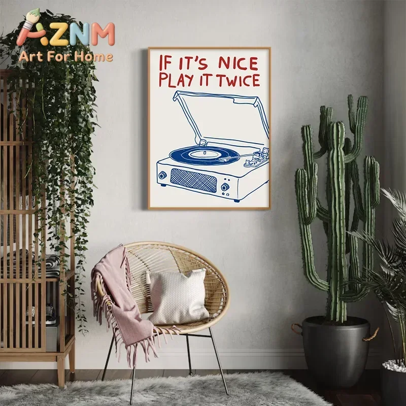 AZNM Retro Record Player Canvas Wall Art Quote If It's Nice Play It Twice Line Drawing Frameless Print Poster for Room Home Deco