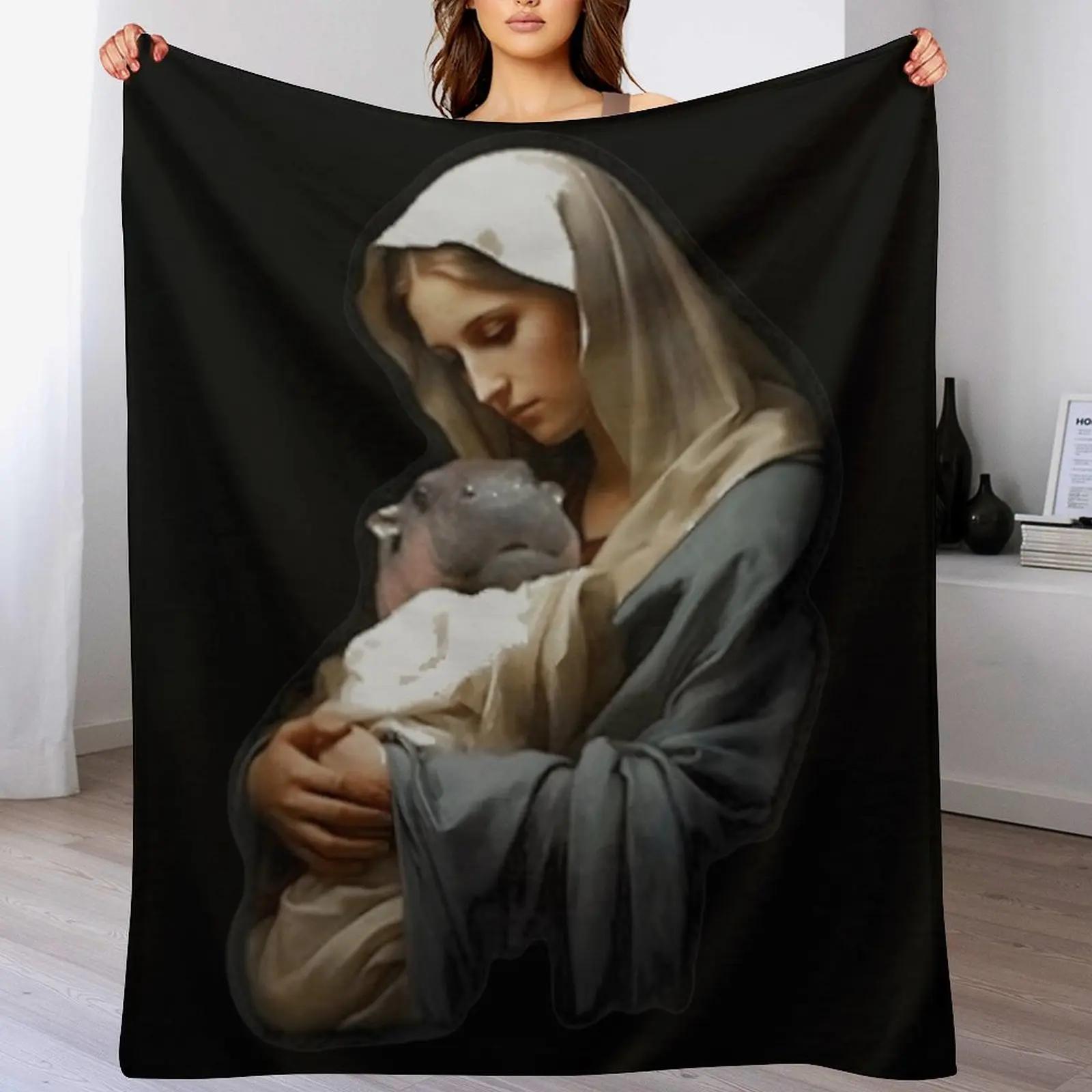 

Moo Deng Mother Mary Funny Hippo Lover Jesus Christ Throw Blanket Sleeping Bag Camping heavy to sleep Extra Large Throw Blankets