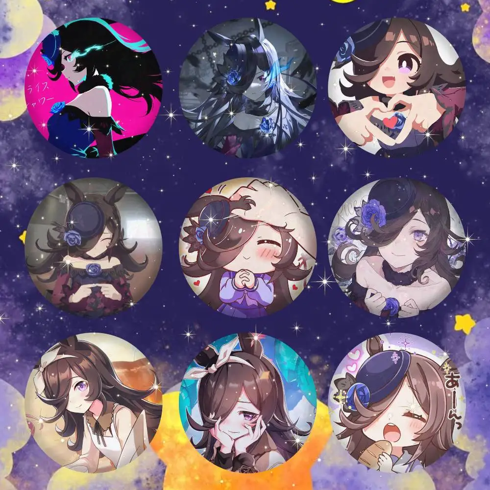 CUTE Uma Musume Pretty Derby Rice Shower Anime Round Badges, Brooches, Clothing Accessories, Birthday Gifts, Anime Conventions