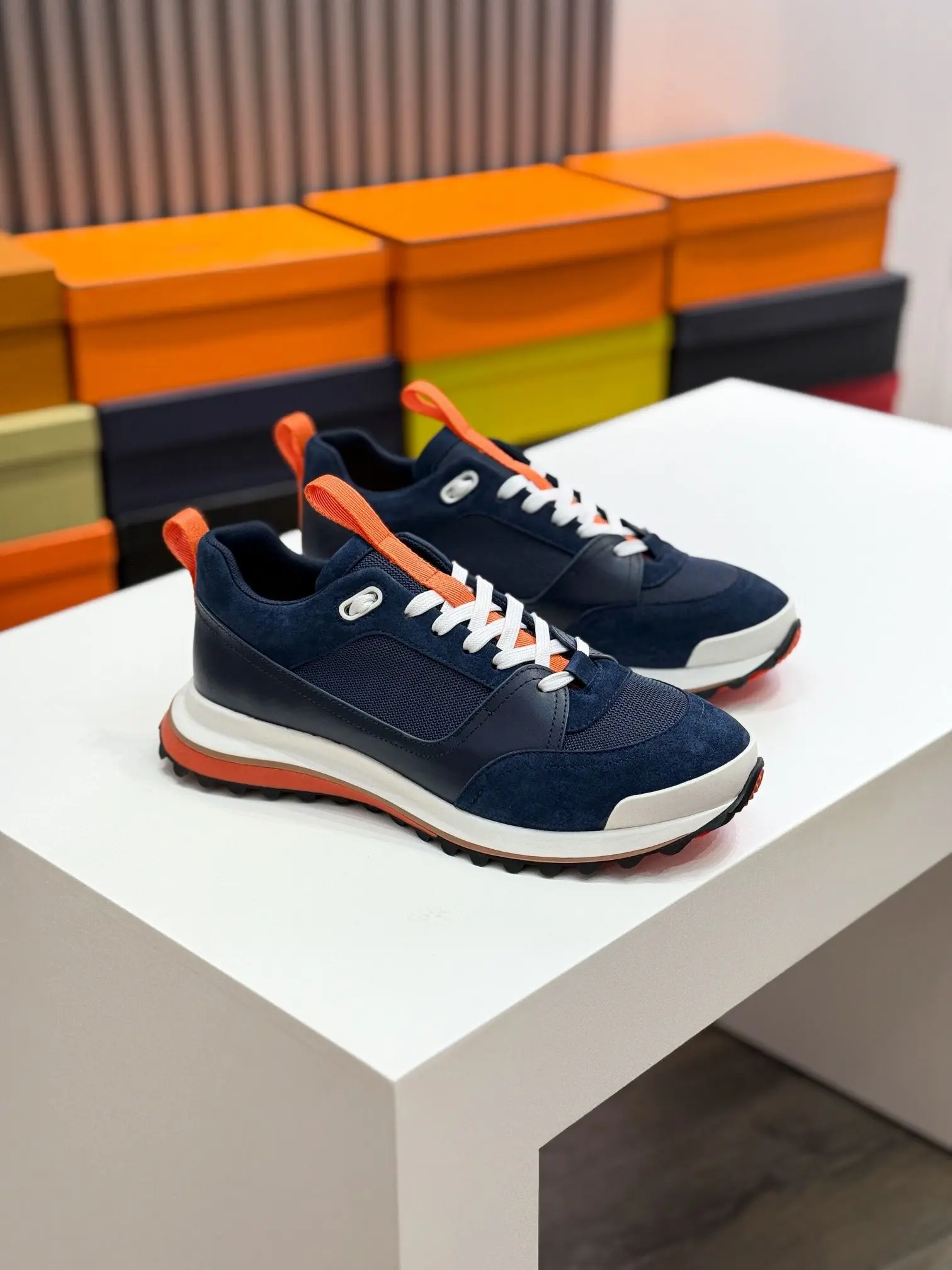 Unisex Navy Outdoor Platform Sneakers Mix Material Upper Shock-absorbing Thick Bottom Walking Shoes