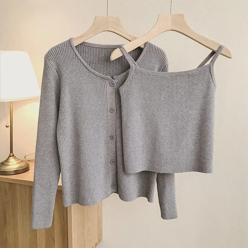 Zweiteilige Anzüge lässige Schlinge Leibchen gestrickte Strickjacke 2022 Spring Slim Fit Mode solide zweiteilige Sets weiblich v1332