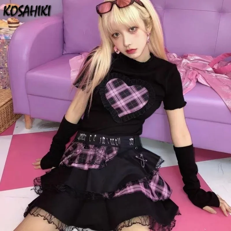 KOSAHIKI Harajuku Girls Plaid Lace Chain Rock Punk Skirts Women Gothic Lolita High Waist Cake Mini  Y2K Streetwear Jupe