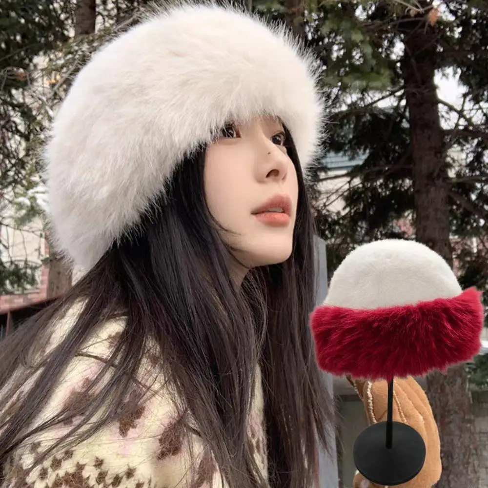 Świąteczny futrzany kapelusz rosyjski Baginskiy, modny ciepły kapelusz typu bucket, puszysty czerwono-biały kapelusz damski, gruby polarowy pluszowy kapelusz rybacki