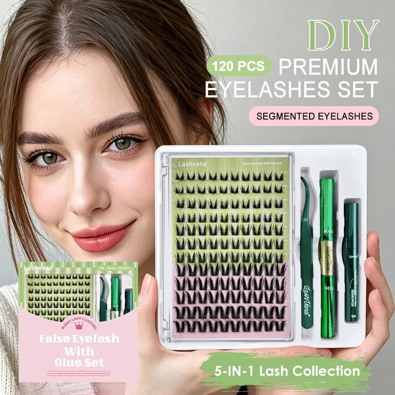 Eyelash Extension Kit 120Pcs Premade Lash Clusters Bunny Wispy CC Curl With Glue For Beginners Bond Seal Remover False Lashes