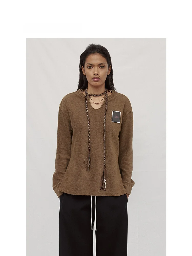 

Повседневная футболка с длинным рукавом, цветными блоками, свободного кроя, из смесового полиэстера и хлопка, с открытым воротником, весна-лето, новинка