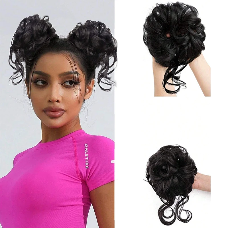 2 Piezas de Moños Cortos y Rizados de Pelo Sintético con Pieza de Pelo Despeinado, Moño Sintético para Peinado Elevado, Extensiones de Moños de Pelo Sintético para Mujer