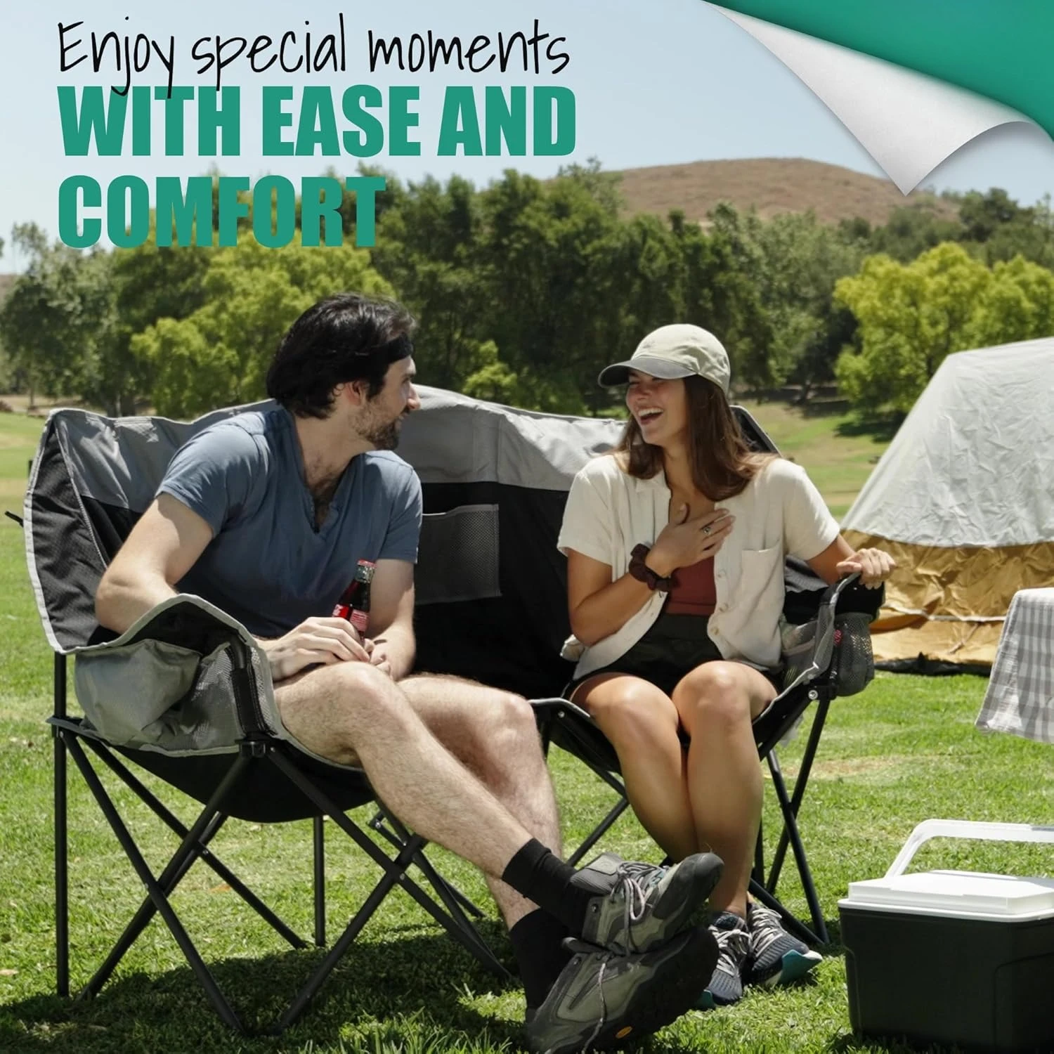 كرسي تخييم مزدوج قابل للطي، كرسي Loveseat كبير الحجم، كرسي حديقة محمول/قابل للطي عالي التحمل مع مساحة تخزين/تبريد للخارج #5