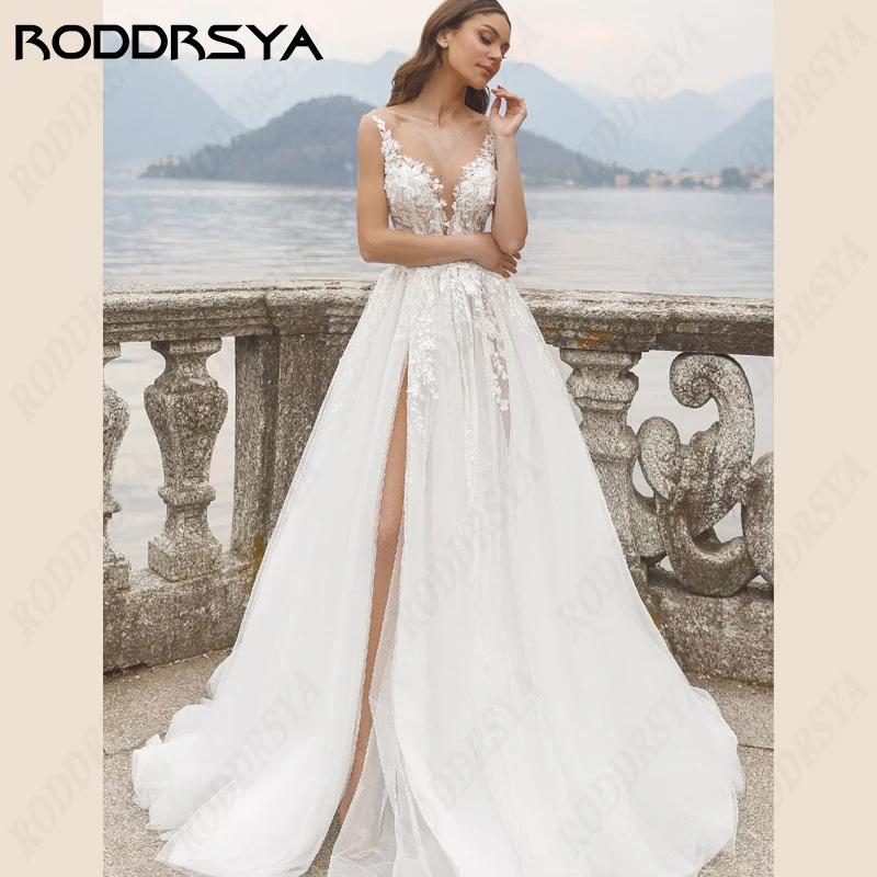 RODDRSYA Spaghetti Straps Wedding Dress For Women Tulle Sexy High Split Scoop-Neck Bridal Gown Illusion Backles Vestido De Noiva