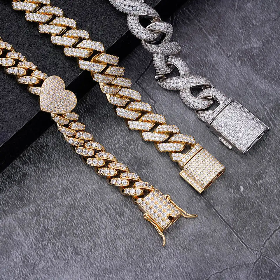 Hip Hop Cz Moisannite 925 Sterling Silver Iced Miami Cuban Link 18k 10mm Gold Plated Cuban Bracelet For Men