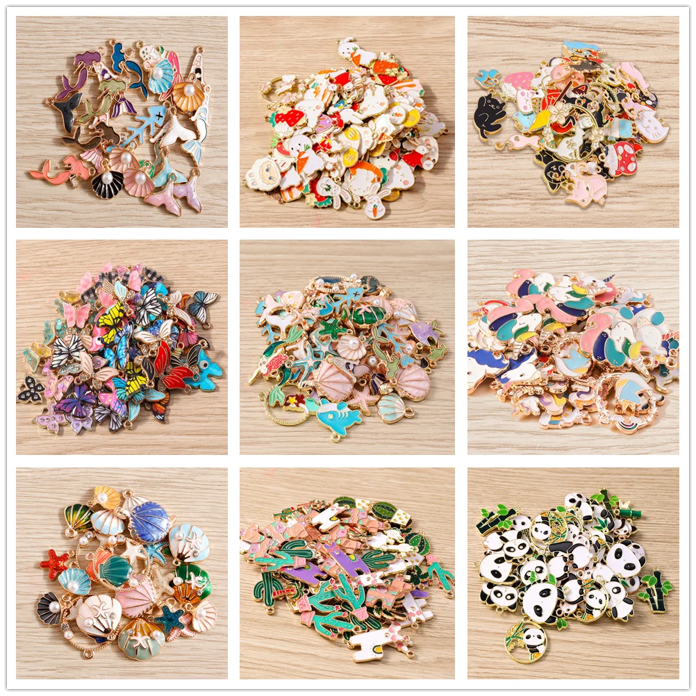 Tusember 10 Stück gemischte Tier-Anhänger, Emaille-Einhorn-, Hasen-, Muschel- und Panda-Charms für die Schmuckherstellung, Ohrringe, Halsketten, DIY-Armbänder – Detail 1