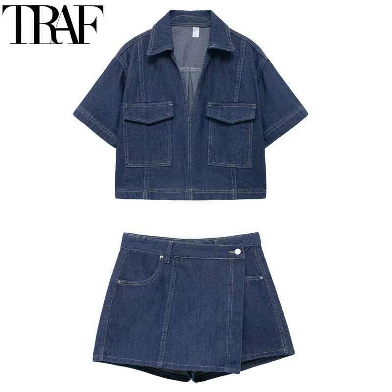 TRAF 2024 Mini Skirt 2 Piece Set Asymmetric Short Skirt Pants Cropped Blouse Denim Set Summer Casual Women\'s Two Pieces Set