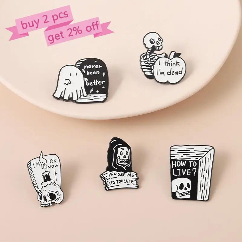 Black Humor Enamel Pins Custom Boo Ghost Quotes Brooches I Think I'm Dead I'M OK NOW Lapel Badges Gothic Punk Jewelry Gift