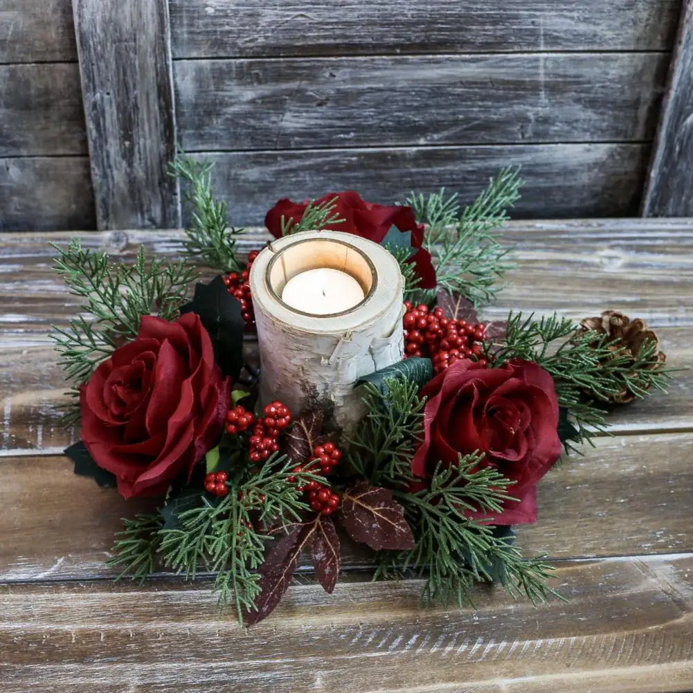 Artificial Flower Candle Ring Wreath Handmade Plastic Crimson Rose Berries Candle Holder for Christmas Thanksgiving Home Party T