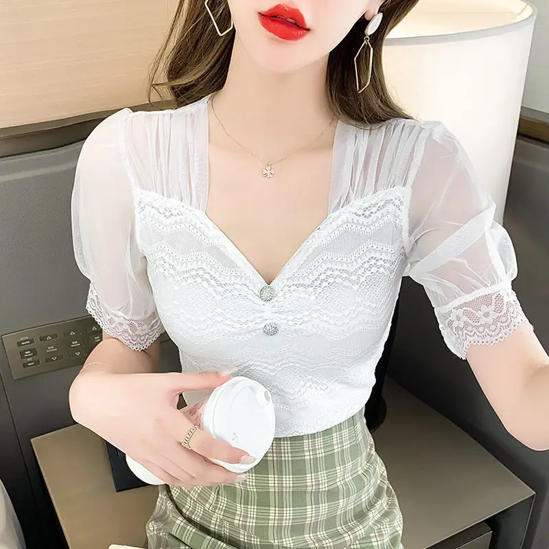 Summer Women\'s Pullover V-Neck Lantern Short Sleeve Lace Patchwork Gauze T-shirt Clothing Office Lady Flattering Korean Tops