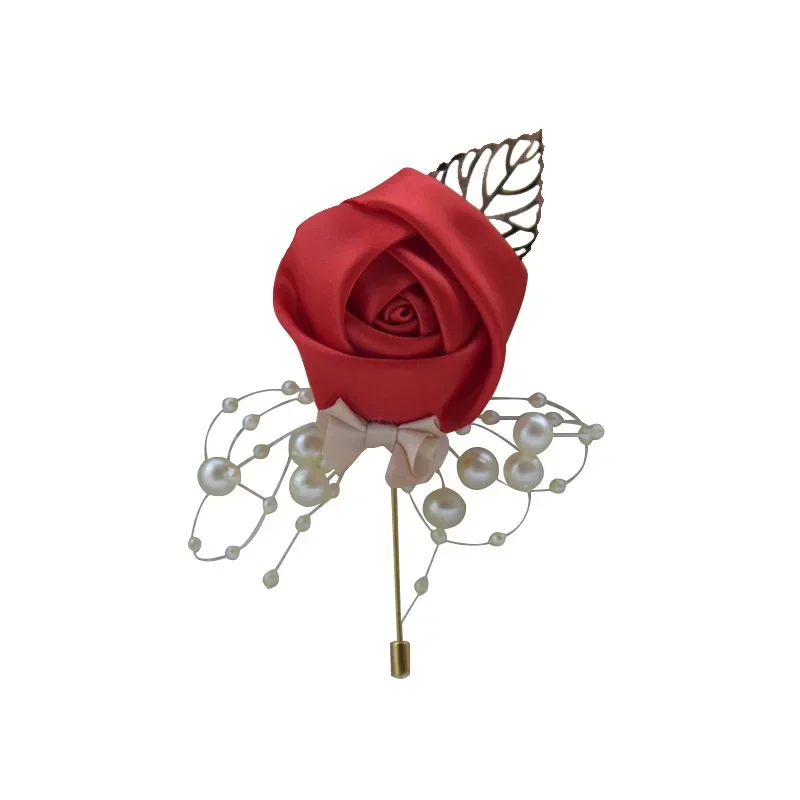 Elegant Satin Rose Prom Corsage Ceremony Flower Brooches Wedding Boutonnieres Groom Groomsmen Buttonhole Flowers Bow Lapel Pin