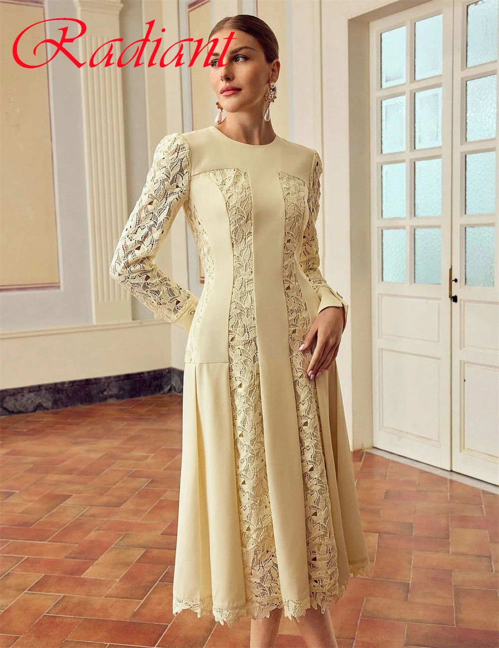 Maßgeschneidertes, hochwertiges gelbes Jersey-Abendkleid, elegantes, anmutiges Abendkleid mit Rundhalsausschnitt und langen Ärmeln, klassische Promi-Kleider