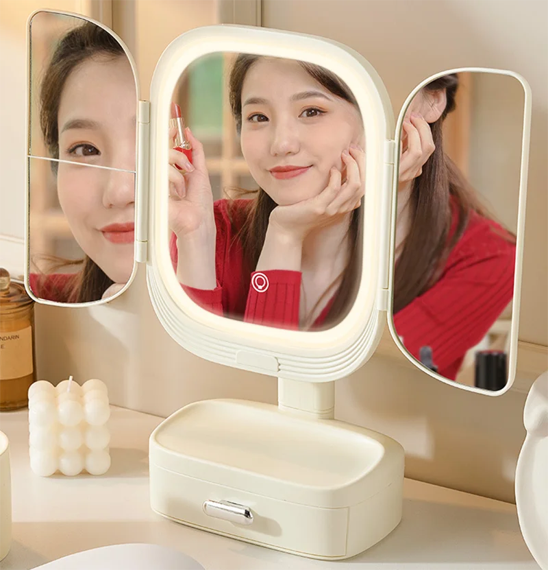 USB Rechargeable Folding LED Makeup Mirror - Rotatable Multifunctional Desktop Vanity Mirror with Lights for Bedroom