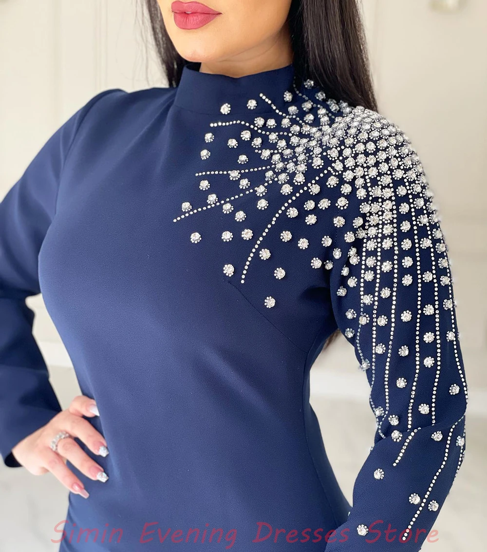 Simin High-Neck Straight Luxury Beaded Long-Sleeves Ankle-Length robes de soirée Saudi Arab Evening dresses for women 2024