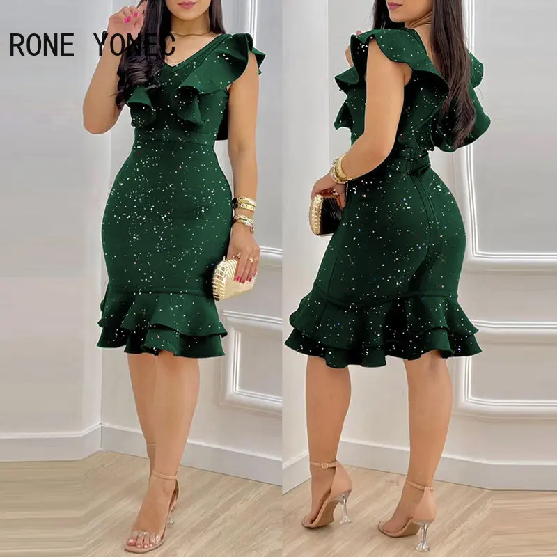 Women Glitter V-neck Cascading Ruffles Mermaid Bodycon Midi Sexy Formal Party Dress