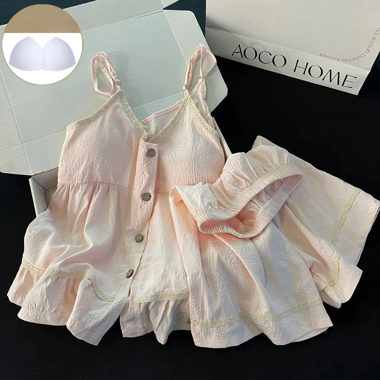 Camisole Sweet Lace Women Summer Pajama 2pcs Ruffles Lady Ribbons Bow SSling Loungewear Girls Cute Solid Colour Pajama Sets