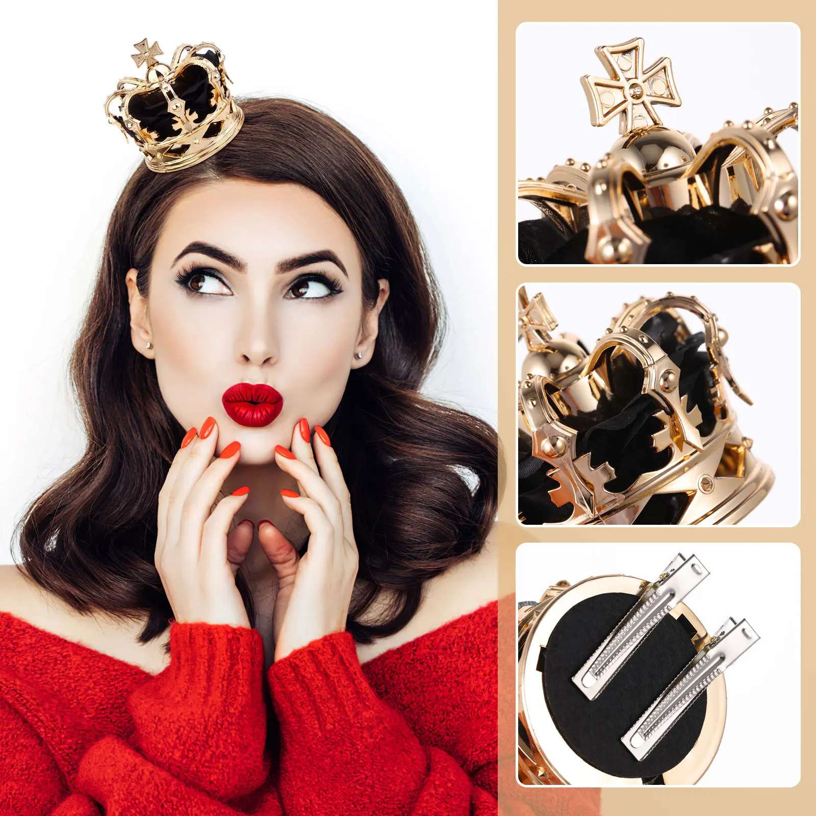 

1pc Golden Crown Hair Clip Durable Strong Hold Perfect Fit For Head Halloween Cosplay Party Queen Headdress Women Decorative