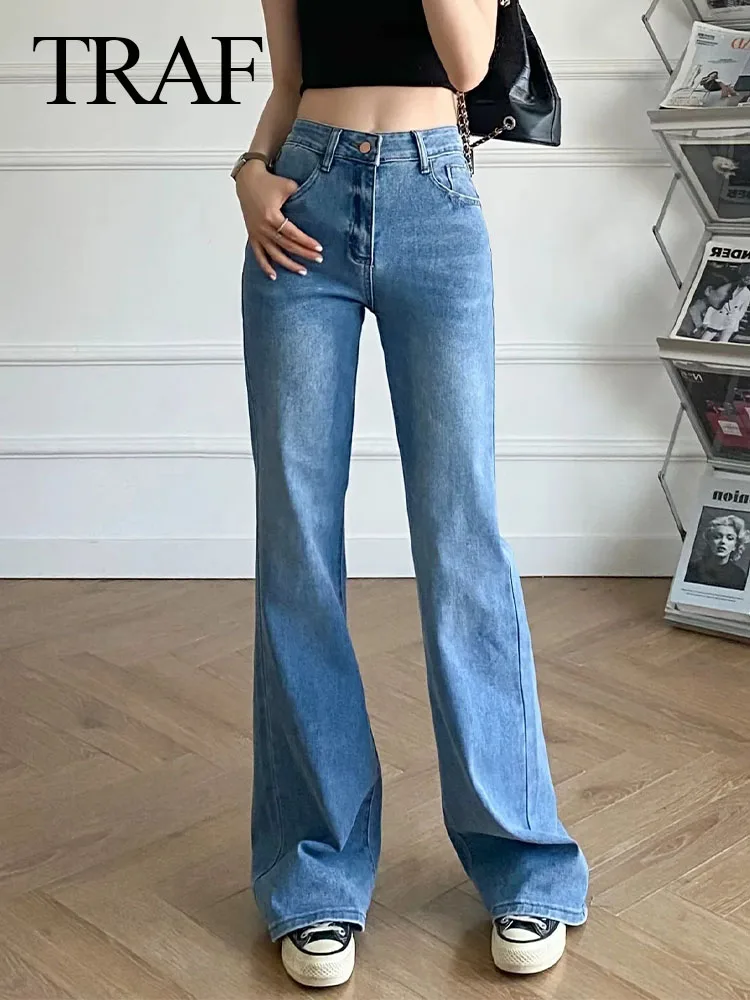 TRAF 2023 New Women Fashion Retro Solid Simple Middle-waisted Flare Denim Trousers With Zipper High Street Female Causal Jeans