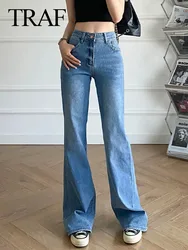 TRAF 2023 New Women Fashion Retro Solid Simple Middle-waisted Flare Denim Trousers With Zipper High Street Female Causal Jeans