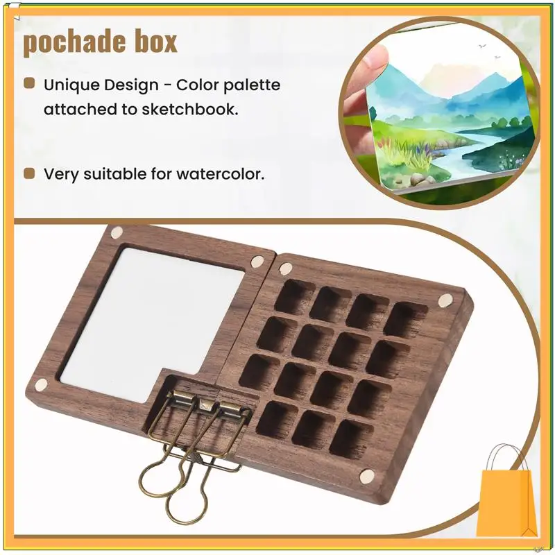 L52A-لوحة ألوان مائية محمولة، لوحة كتب رسم مكونة من 15 لونًا، صندوق لوحة خشبي، لوحة طلاء للسفر (بدون ألوان)