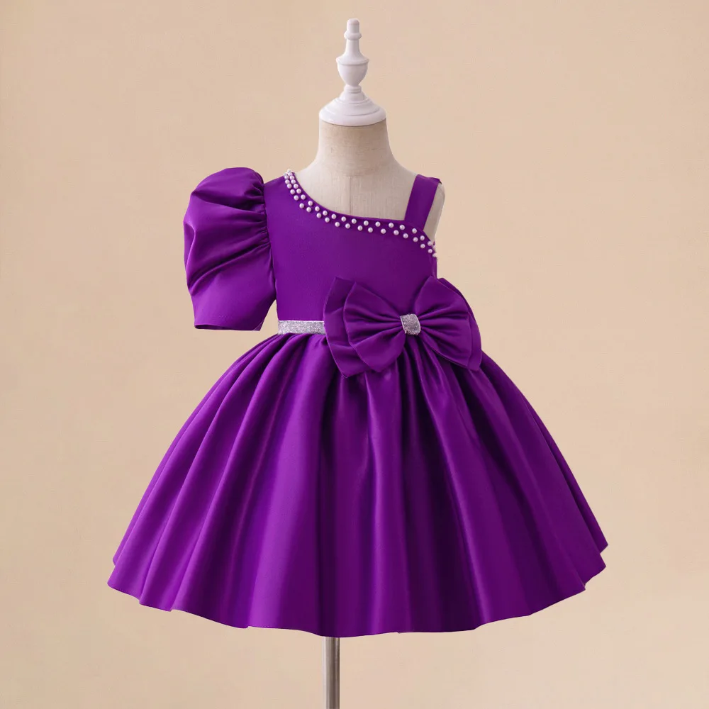 Baby Summer Purple Bow One Shoulder Birthday Party Dress Girls Satin Tulle Infant Shower Dress Pink Total Baptism Dresse