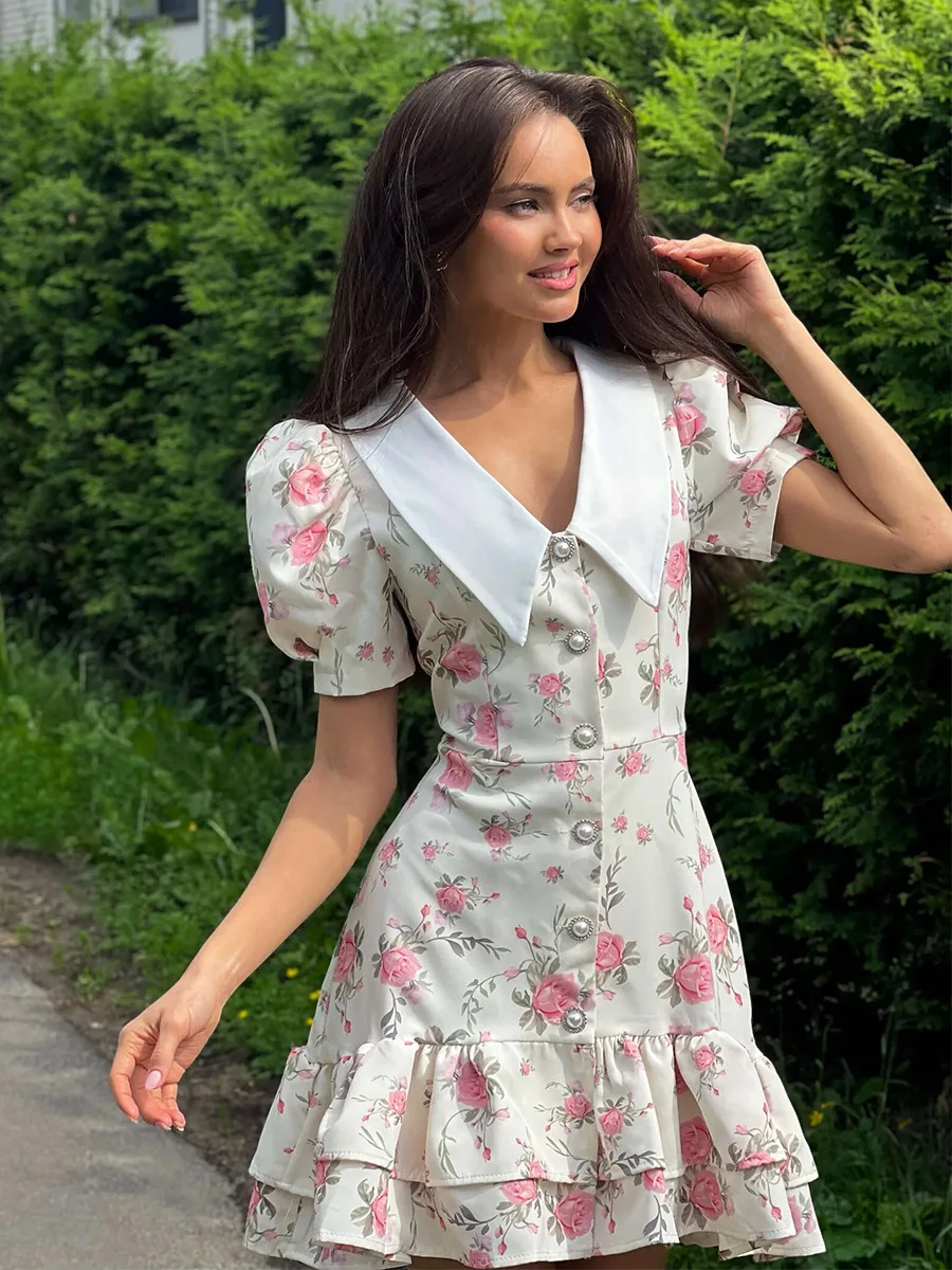 Bornladies Damenkleid mit französischem V-Ausschnitt und Puffärmeln, saisonaler Taillendruck, kurzer Rock, modisches Kleid mit Rüschenrand, Sommerneuheit – Detail 3