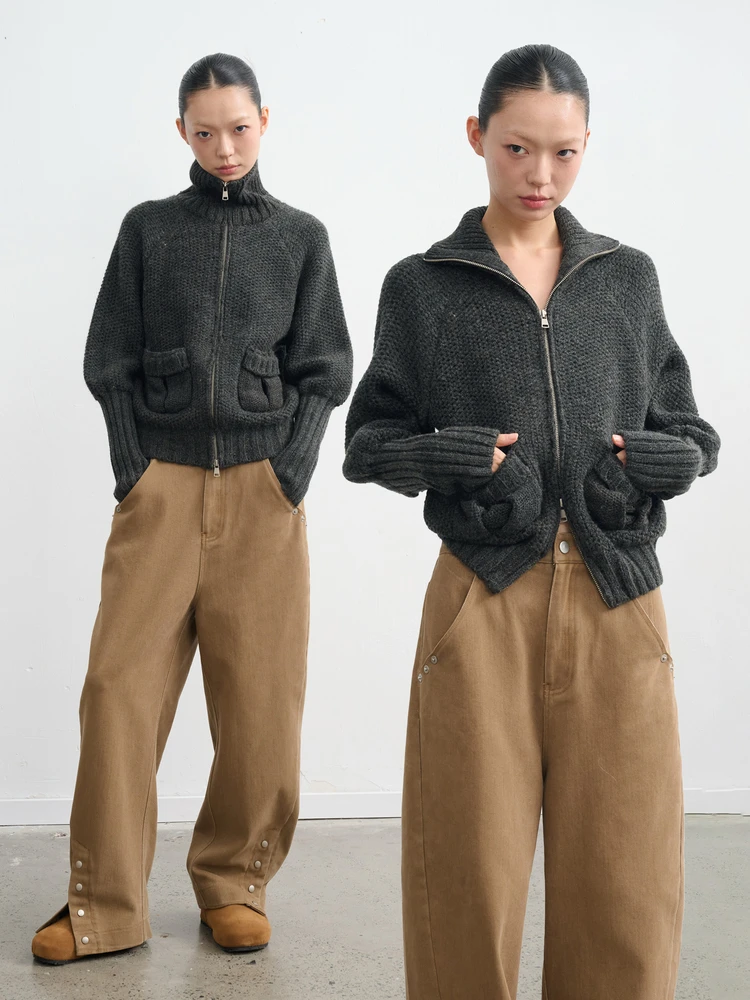 

Retro Sle Women's Knitted Wool Sweater ort Zipper Cardigan Coat Slim Fit Comfortable High Collar Long Sve Autumn Winter