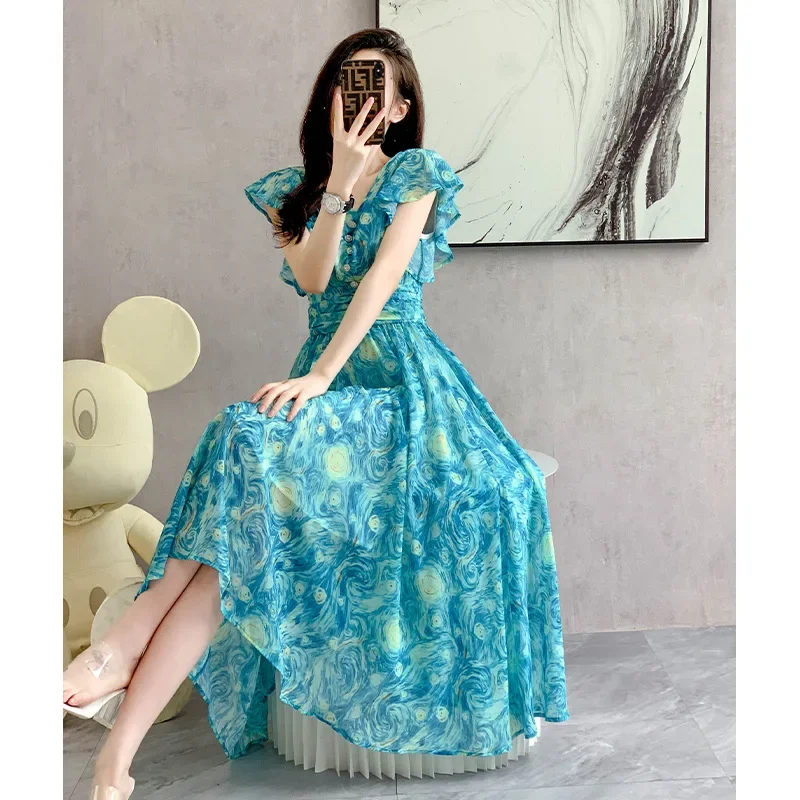 Summer Women Dresses Elegant Print Boho Beach Dress Temperament Sundress Short Sleeve Casual Elegance Dresses for Women Vestidos