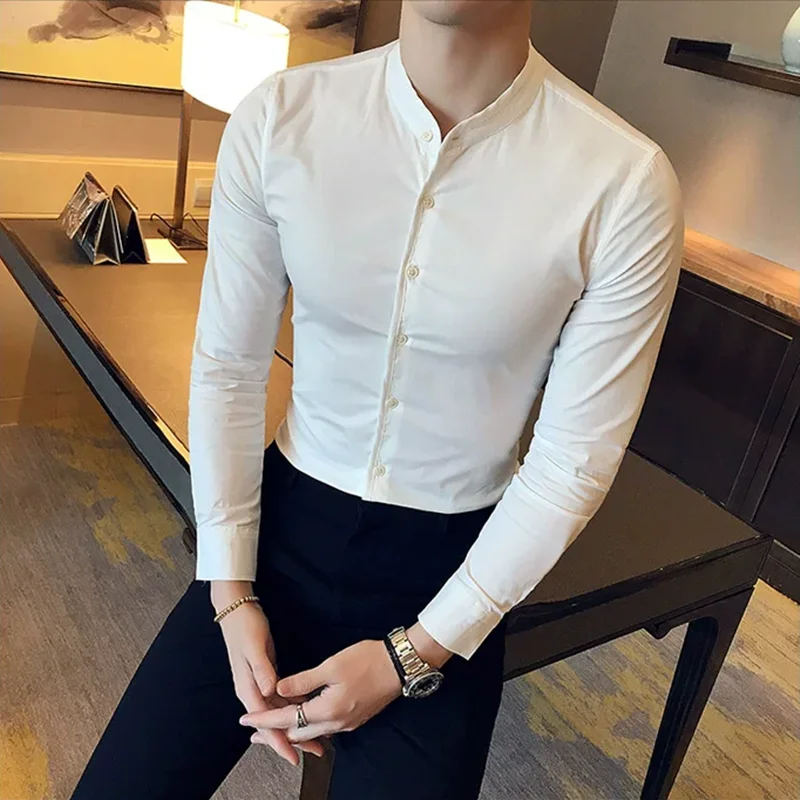 Camisa china con cuello levantado para hombre, camisa ajustada de algodón de Boutique de manga larga de otoño, camisa Formal de negocios informal verde clásica para hombre