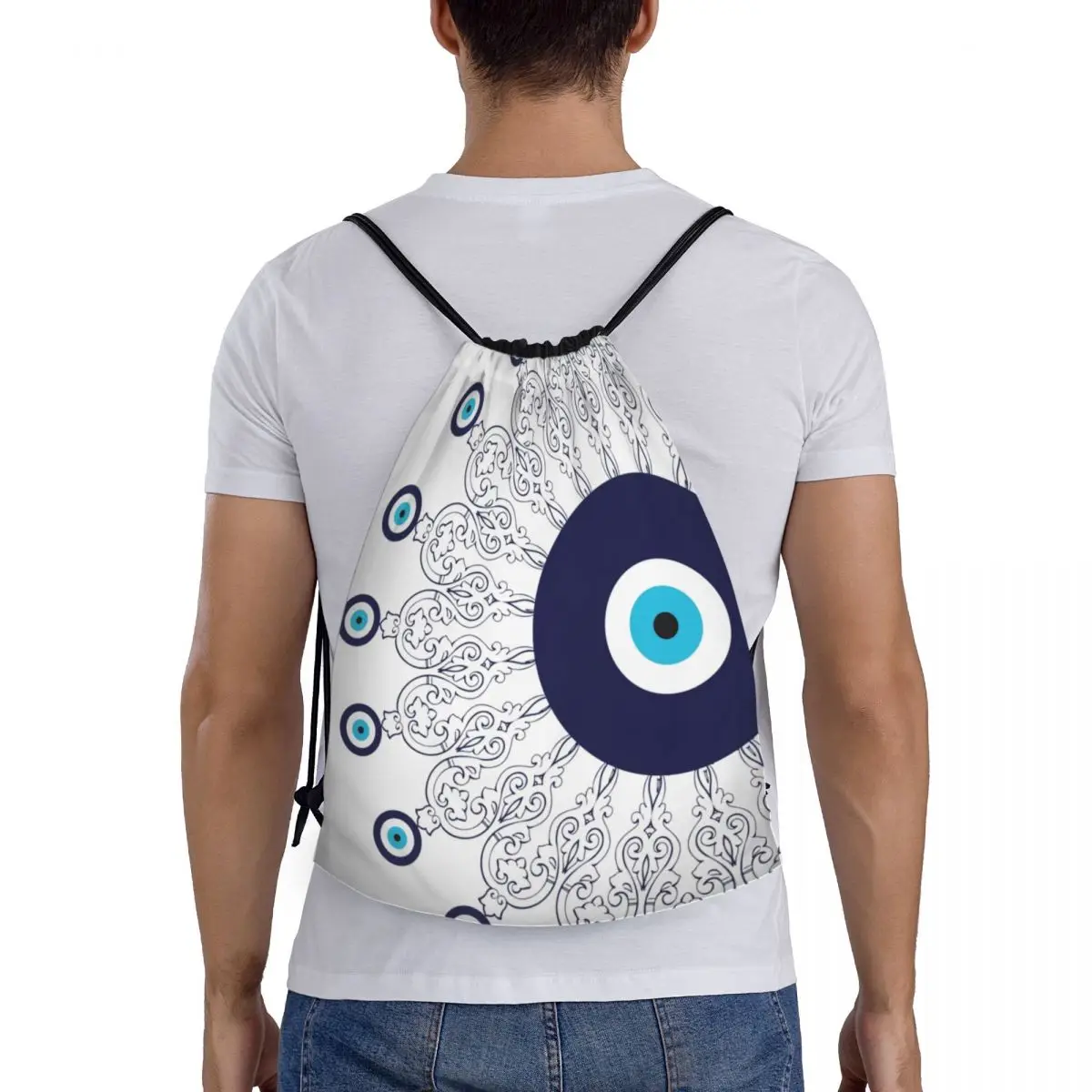 Mochila con cordón para hombre y mujer, bolsa ligera con diseño de Mandala de mal de ojo mediterráneo, color azul marino y blanco, Ideal para deportes, gimnasio y almacenamiento