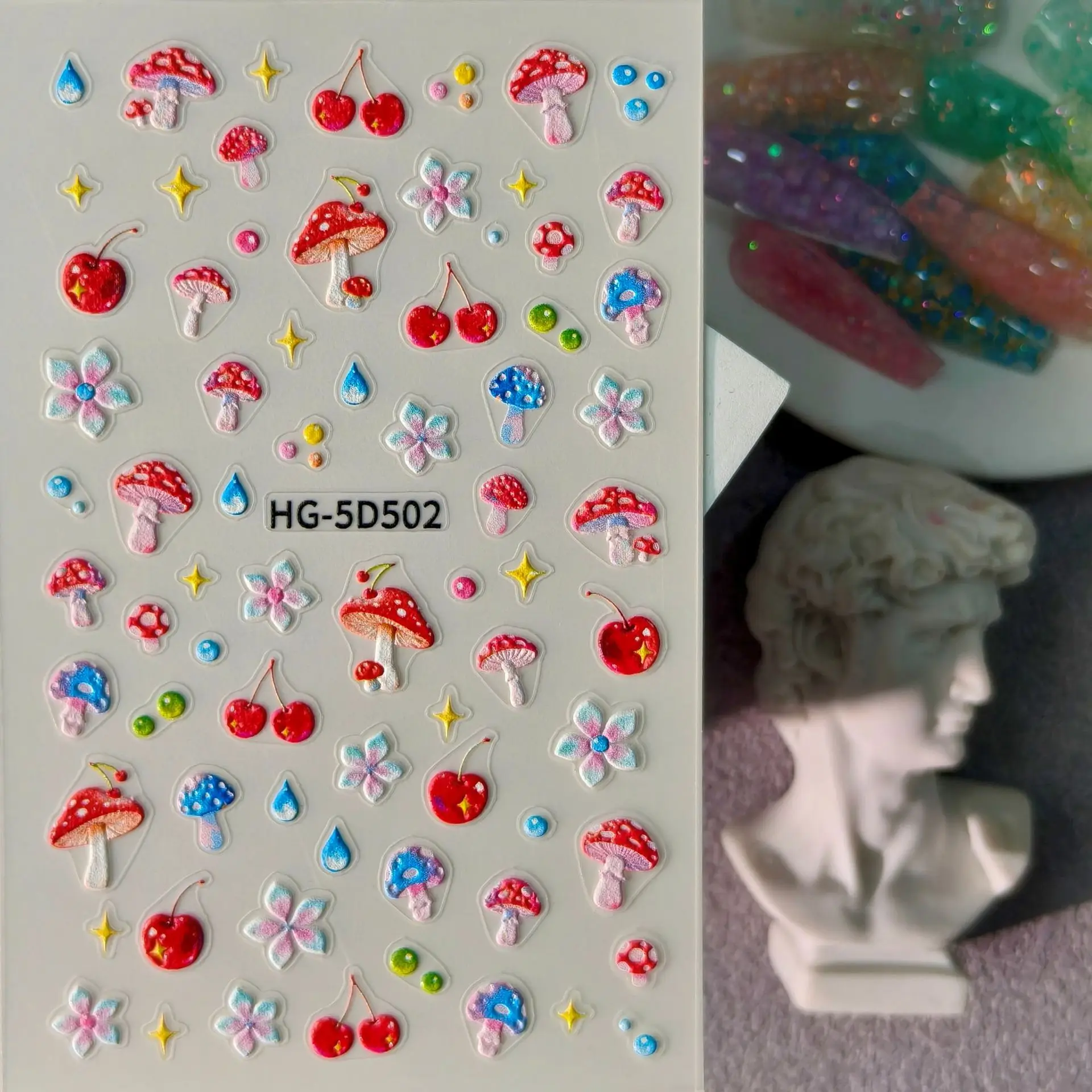 1 Set 5D Embossed Cute Bread Biscuit Nail Stickers Cherry Mushroom Self Adhesive DIY Manicure Nail Art Decor Ornaments