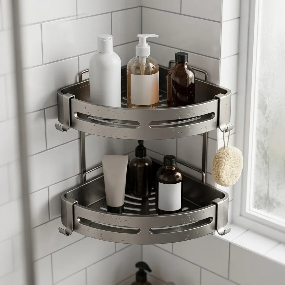 Compact Wall Mount Triangle Shelf for Shower Corner Use Featuring Drainage System and Hooks for Loofahs Razors and Sponges