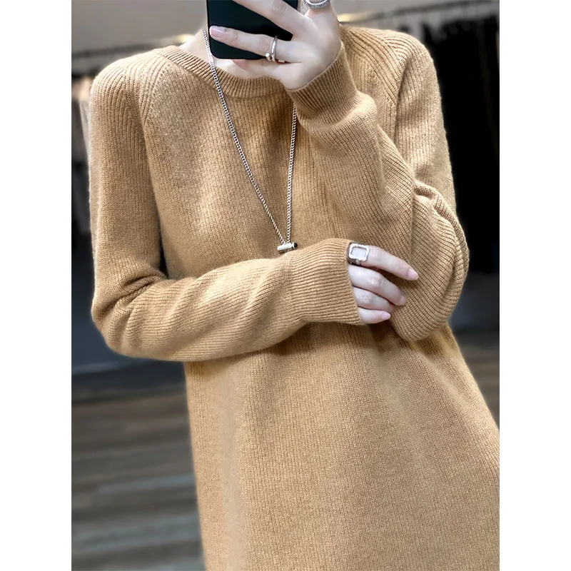 2022 Autumn Winter New Women Fashion Dress 100% Wool Warm Sweater Dress Long Sleeve Knitted Pullover Female Casual Dresses