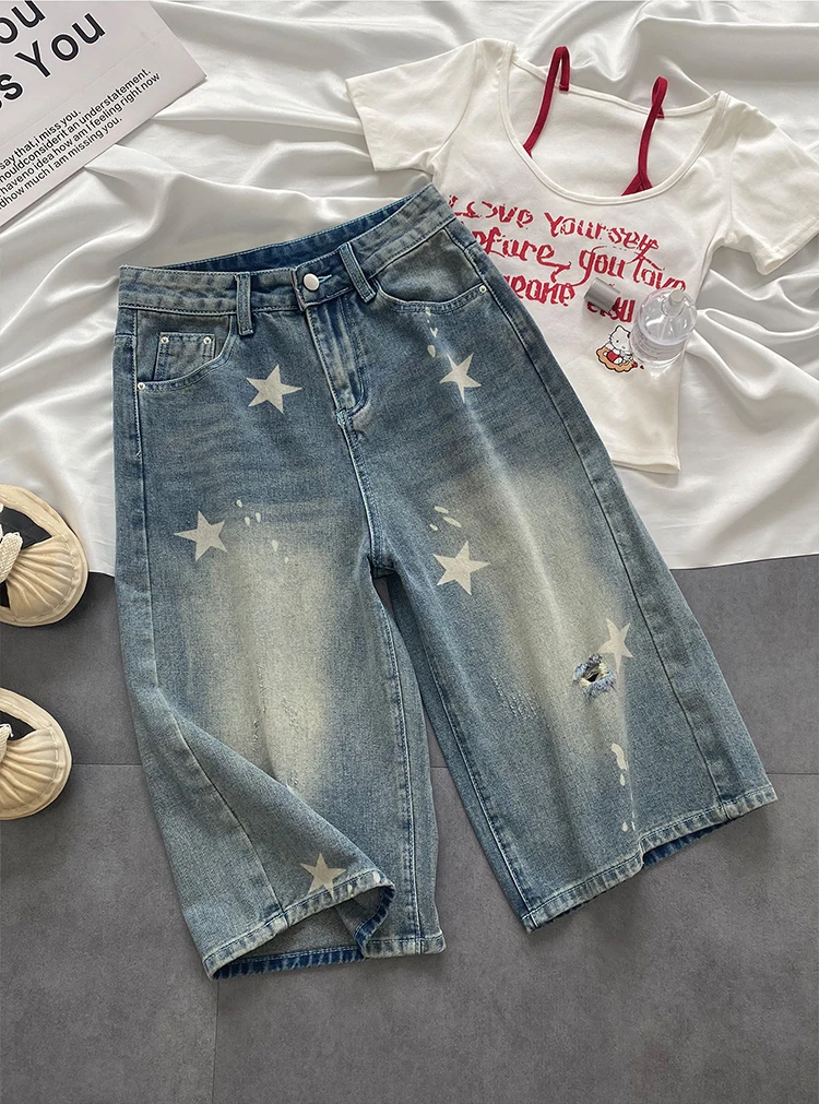 

Retro American Star Print Men's Denim orts Summer New Trend Brand Worn Wa Loose Wide Leg Seven Pants Middle Waist