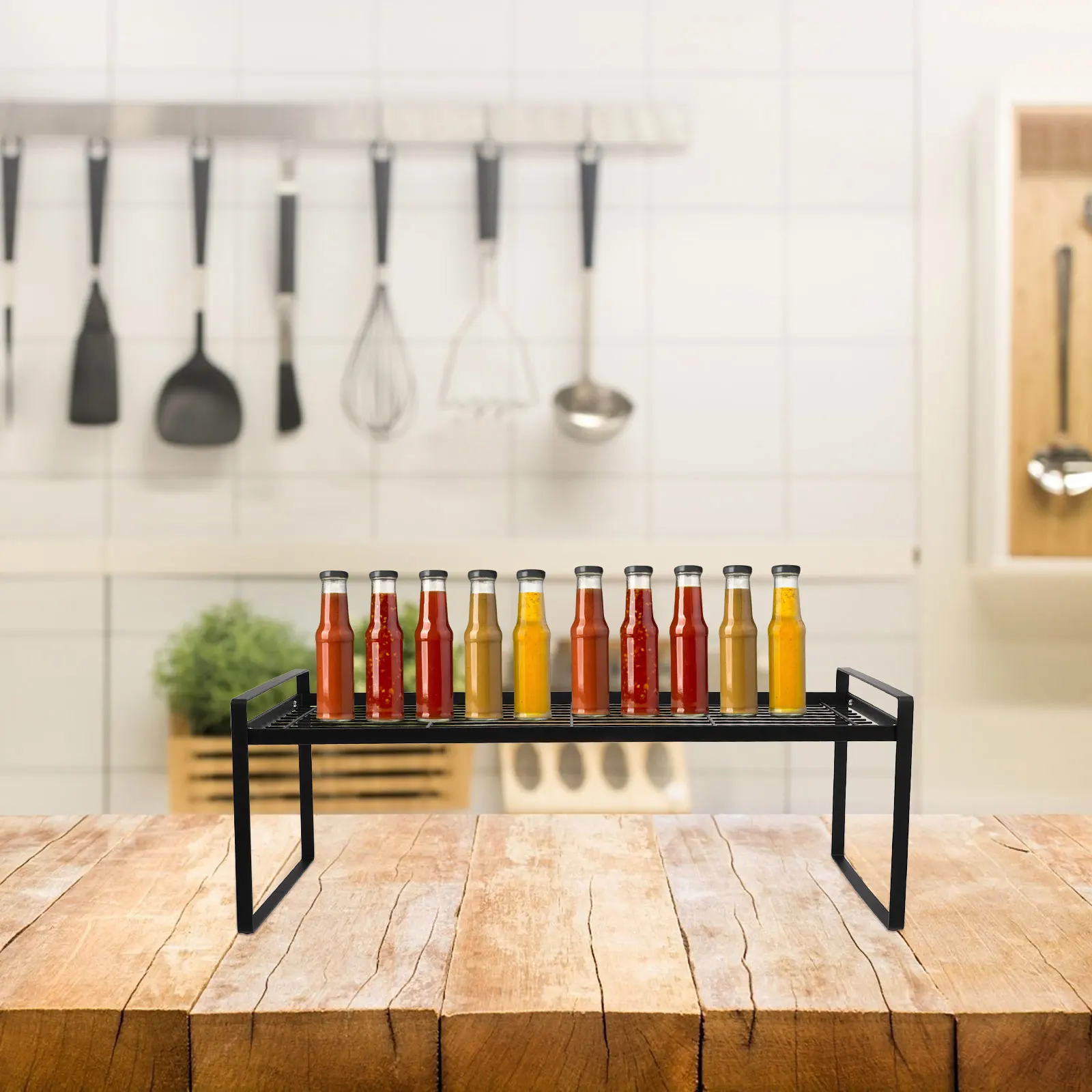 

1pc Seasoning Storage Metal Kitchen Shelf Thick Layered Design Double Guardrail Storage For Kitchen Cabinet Drain Rack