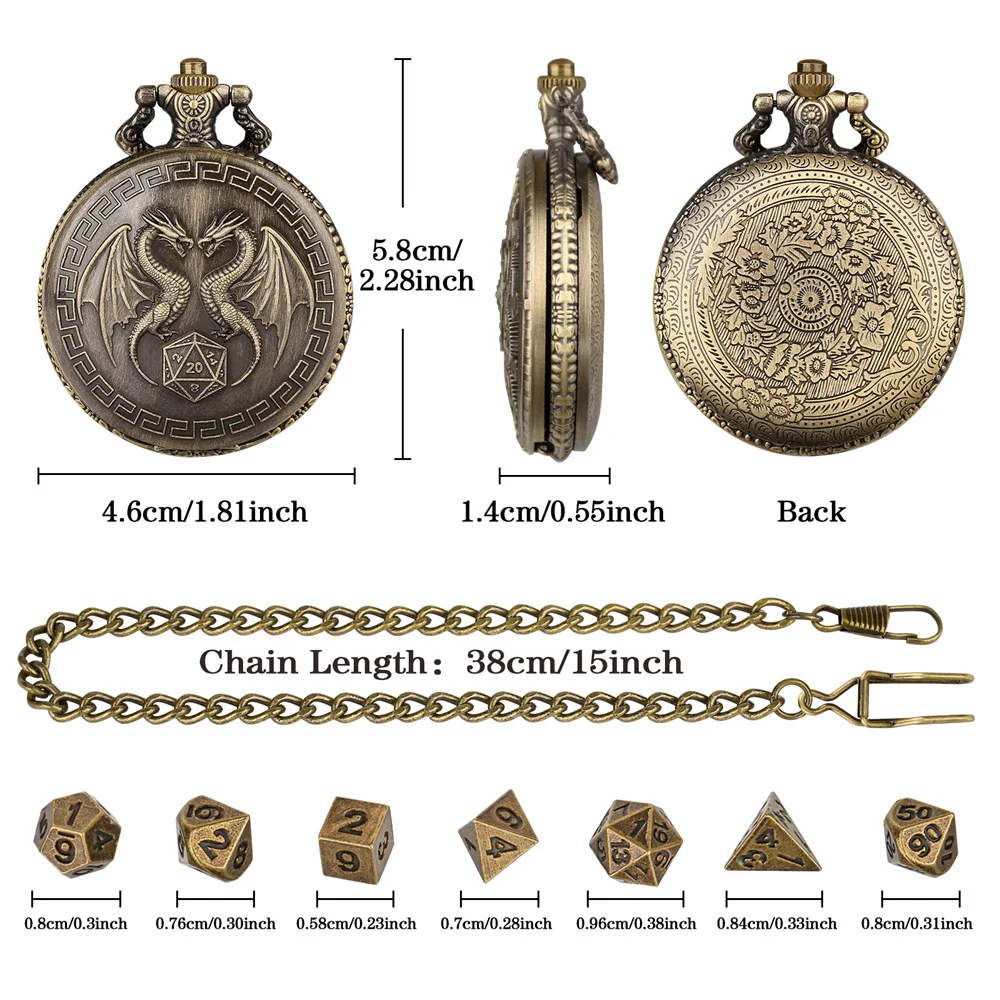 Punk Vintage Double Dragons Alloy Metal Pocket Watch Case Fob Chain Pendant with 7pcs/Set Mini Dices Gift for Dice Games Lovers