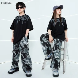 Hip Hop Girls Boys Cool T-shirt Loose Tie Dyed Camouflage Cargo Pants Kids Street Dance Clothes Sets Children Teen Jazz Costumes