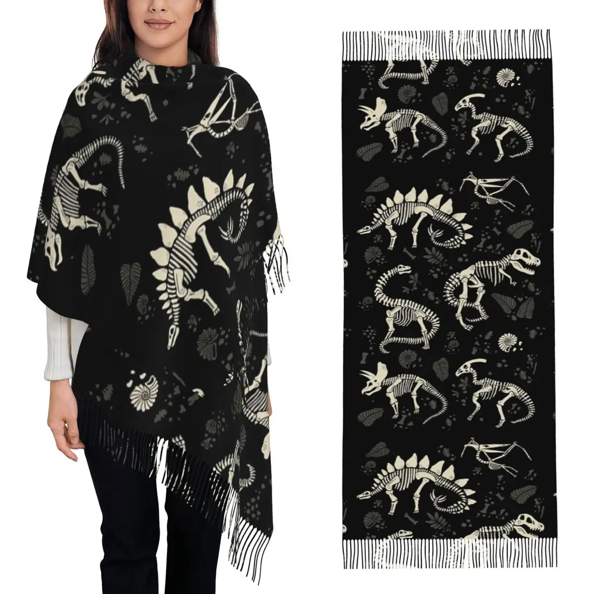 Dinosaur Fossils Halloween Scarf Tassel Scarves Women Soft Warm Shawls and Wraps Large Fall Winter Shawl Wrap