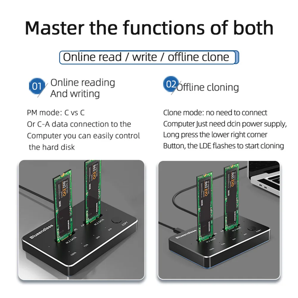 Blueendless USB 3.1 M.2 SATA NVME Dual-Bay SSD Enclosure Dock Station Offline Clone M.2 SATA NVME lettore di unità a stato solido