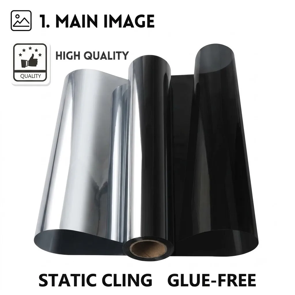 Static Cling One Way Mirror Window Film Front Black Back Silver Glue‑Free Daytime Privacy Heat UV Block Glass Sticker for Home