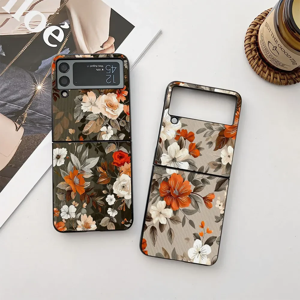 Case For Samsung Galaxy Z Flip 6 5 4 3 Phone Case Flower Butterfly Leather-Grain Shockproof Cover For Galaxy Z Flip6 Flip4 Flip5